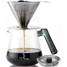 Aquach Pour Over Coffee Maker with Stainless Steel Filter & Borosilicate Glass Carafe - 28oz Drip Coffee Pot for Rich Flavor, Easy Cleanup & Dishwasher Safe Components, Ideal for Daily Use