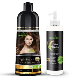 Herbishh Hair Color & Hair Growth Shampoo Combo – Rice Water Shampoo for Thinning Hair & Color for Gray Coverage – Biotin, Light Brown Dye – 2 Pack (400ml + 500ml)