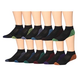 JAMES FIALLO Men's 12-Pairs Performance Low Cut Athletic Sport Socks, Monochrome Black Vibrant Toe and Heel Pops, 10-13