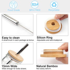 CNVOILA Bamboo Lids for Beer Can Glass, Regular Mouth Mason Jar Lids Mason Jar Lids With Straw Hole, & 3 Stainless Steel Boba Straw & 3 Stainless Steel Thin Straw - 6 Pack Set