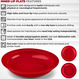 Providence Spillproof Lip Plates for Disabled Adults Inner Lip Dish for Adults - Lip Bowl - Adaptive Plate for Independence - Non Slip Plate for Disabled Adults - 9" Red - 3 Pack