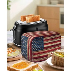 Vintage American Flag Toaster Cover 2 Slice with Pockets, Independence Day Wooden Farmhouse Dustproof Cover for Kitchen Small Appliances and Fingerprint Protection, Kitchen Bread Machine Protector
