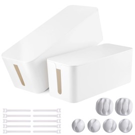Cable Management Box, 2 Pack Large & Medium Cable Organizer Box with 17 PCS Cable Management Set, Cord Organizer Box to Hide Surge Protector on Desk or Floor (White)