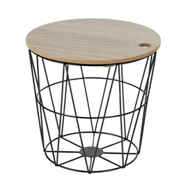 Meinposten Small Side Table Storage Basket Mini Table Basket with Lid Metal Wood Round Black Diameter 22 x Height 21 cm