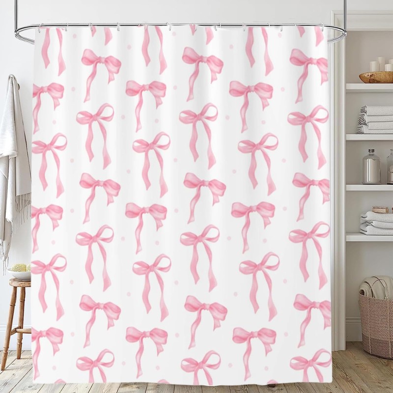 FloralGrace Cute Shower Curtain Pink Bow Fabric Shower Curtains for