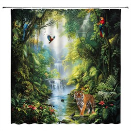 ZRUWUA Rainforest Waterfall Shower Curtain Tropical Green Forest Tiger Wildlife Big Cat Nature Scenery Landscape Bathroom Decor Curtain with Hooks,Green