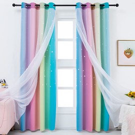Anjee Star Curtains for Kids 2 in 1 Double Layer Blackout Curtains Grommets Top Star Cutout Rainbow Ombre Curtains with Sheer for Living Room Girls Bedroom 2 Panels 52 x 95 inch, Pink and Yellow