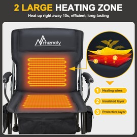 MENOLY Heated Camping Chair, Portable Heated Folding Chair, Heated Seat and Back Chair with Cup Holder, 4 Large Pockets for Outdoor Activities, 3 Heat Levels, Supports 300lbs, Battery NOT Include