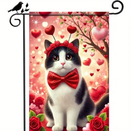BlissYard Cute Cat Garden Flag Happy Valentines Day Garden Flag 12x18 Inch Double Sided Hearts Outdoor Decoration Anniversary Wedding Holiday Outdoor Supplies Shoot Background Decorations