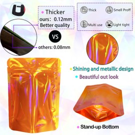 YINGZON 100 Pack Premium Smell Proof Mylar Bags, Resealable Food Storage Bags with Double-sided Holographic Printing, 4.7" x 3.5" Aluminum Foil Stand-up Packaging Bags.(Orange)
