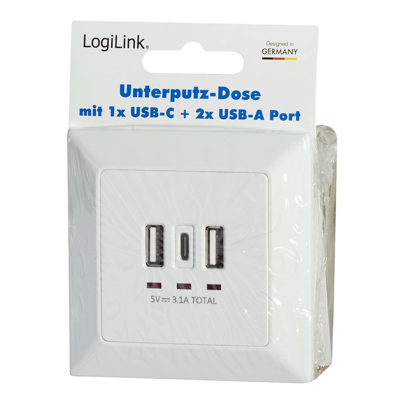 LogiLink PA0254 Flush-Mounted Socket with 2 x USB-A and 1