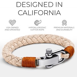 Elegatto Pelagus Premium Rope Bracelet for Men | Designed in California | High-Performance Cotton with Stainless Steel Shackle Closure | Men’s Designer Bracelets | Dune Beige Large (7.7")