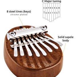 Sonic Energy Solid Body Kalimba - C Major, 8 Tones - Sapele Wood - Meditation Yoga Kids - Includes Lanyard (KL8MINI)