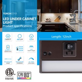 TORCHSTAR LED Under Cabinet Lighting 3CCT, 12 Inch 8W, Hardwired & Plug-in, 480LM 3 Color Selectable, 120V ETL Listed Dimmable Under Counter Lights for Kitchen, Bronze Aluminum Housing, Pack of 4