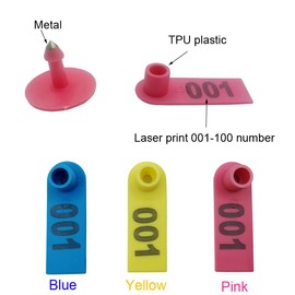300PCS 001-100 Number Plastic Livestock Ear Tags Farm Animal Tags ID Tags Pink Yellow Blue Ear Tagger + Ear Tag Applicator + Ear Tag Remover for Cattle Cow Goat Sheep Pig