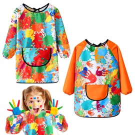 YiJiuBa Children's Painting Apron, Pack of 2 Waterproof Painting Smocks, Adjustable Craft Apron with Sleeves and 1 Pocket for 6-12 Years Girls/Boys, multicoloured