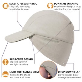 GADIEMKENSD Winter Fleece Hats Reflective Ponytail Hat for Women Ball Caps with Earflap Drop Down Ear Warmer Mens Skull Cap Beanie with Visor Cold Hat for Outdoor Hiking Running Snow Ski Khaki