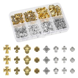 WADORN 120Pcs 8 Styles Metal Cross Spacer Beads, 2 Colors Tibetan Cross Charms Beads Antique Silver Golden Loose Beads Vintage Cross Beads for Jewelry Bracelets Necklaces Earrings Choker Craft Making