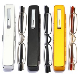 Small Reading Glasses Men Women 3 Pairs Slim Pocket Readers with Pen Metal Case Spring Hinge 2.0