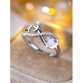 Women's Elegant Rhinestone Decorated Heart & Footprint Design Ring, Fashion Accessories for Party, Daily Clothing Decor, Trendy All-match & Exquisite Jewelry for Birthday Gift - Color: Silver, Size: 6