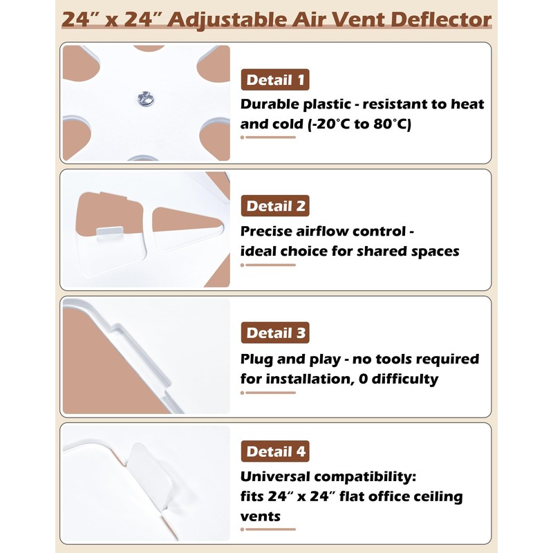 24"x24" Adjustable Ceiling Air Vent Cover – 24-Inch Square/AC/HVAC/Heat Deflector