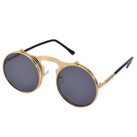 COASION Vintage Round Flip Up Sunglasses for Men Women Juniors Circle Sun Glasses(Gold Frame/Black Lens)
