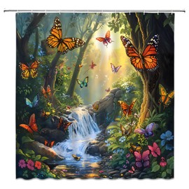 EVRCVAR Forest Waterfall Shower Curtain Butterfly Jungle Spring Nature Wonderland Rainforest Fairy Tale Green Tree Plant Floral Fantasy Bathroom Curtain Fabric with Hooks(70" WX70 H)