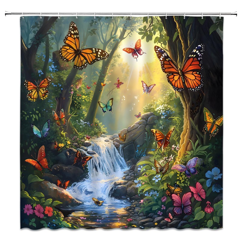 EVRCVAR Forest Waterfall Shower Curtain Butterfly Jungle Spring Nature Wonderland