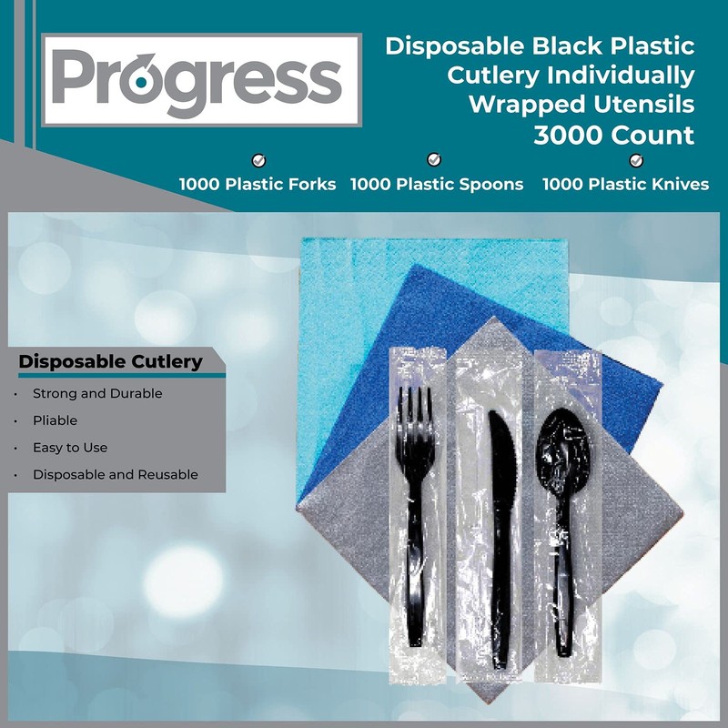Progress Plastic Cutlery individually wrapped utensils, Heavy Weight black disposable