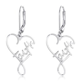 Faith Cross Dangle Earrings,S925 Sterling Silver Heart Faith Christaian Inspirational Love Heart Leverback Drop Earring Word Calligraphy Jewelry for Women