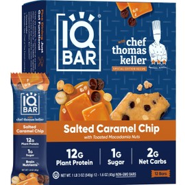 IQBAR x Chef Thomas Keller - Brain and Body Plant Protein Bars - Salted Caramel Chip - 12-Count, Low Carb, High Fiber, Gluten Free, Vegan Snacks - Low Sugar High Protein - Low Calorie Keto Energy Bars