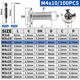 XRXYMQ Pack of 100 Rounded Head Screws M4 x 10 mm Flat Head Screws Hexagon Socket 304 Stainless Steel Screws Round Head Screws Full Thread Machine Screws for Furniture Installation Wood Mounting