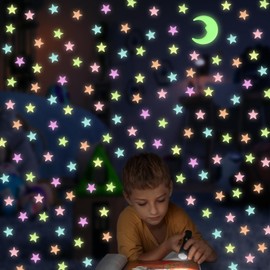 Glow in The Dark Stars for Ceiling, 200 Pcs Colorful Glow in The Dark Stars,3D Glowing Stars and Moon for Kids Bedroom,Luminous Stars Stickers Create a Realistic Starry Sky,Room Decor