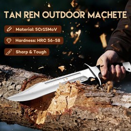 TAN REN Survival Knife Machete for Cutting Trees Heavy Duty with Leather Sheath, Outdoor Bushcraft Knife with Wood Handle, Camping Machete Knives for Men, Black