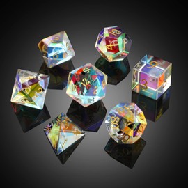 DNDND Rainbow Glass Dice Set, 7 Piece Glass Polyhedral DND Dice with Great Gift Box for Dungeons and Dragon D&D Tabletop Game (Rainbow and Clear)