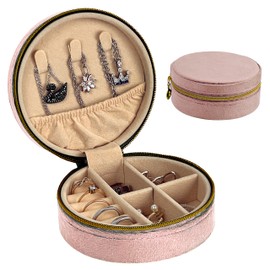 HomeGadget Travel Jewellery Box - Round Velvet Jewellery Box with Zip - Jewellery Organiser - Pink