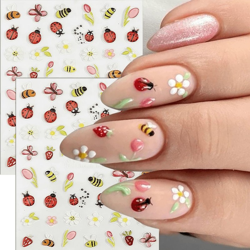 5D Embossed Bee Nail Stickers Cute Daisy Floral Lady Bug