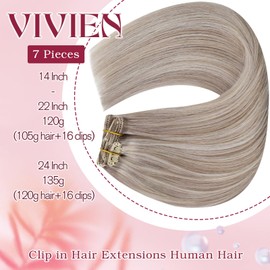 Vivien 55 cm Clip-In Real Hair Extensions, Blonde, 7 Pieces, 130 g, Clip-In Dirty Blonde with Platinum Blonde, Clip-In Extensions, 22 Inches, #19/60