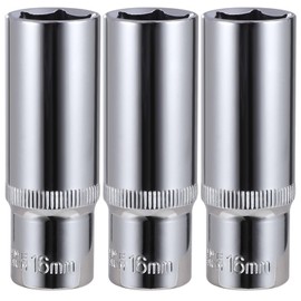3-Piece 16mm Deep Sockets, 3/8-Inch Drive, 6-Point, Corrosion Resistance, Compatible with Standard Ratchet Wrenches and Tools