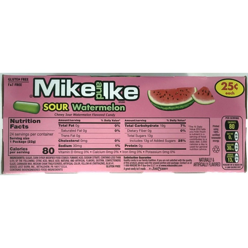 Mike and Ike Sour Watermelon Fruit Chewy Candy Box 24
