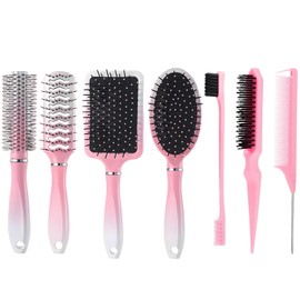 7 Pcs Hair Brush Set, Hair Brush Women Anti Static Suitable for Dry and Wet Hair, Paddle Brushes Massage Oval Hair Combs for Women, Used for Smoothing Womens Hair and Trimming Pink