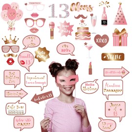 38 Pieces Rose Gold Birthday Photo Booth Prop 13th Birthday Party Accessories, Birthday Party Funny Photo Props for Girls 13th Birthday Party Photo Booth Props Decoration Accessories