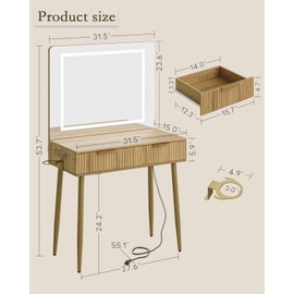 Apetaccat Vanity Desk with Large Mirror and Lights, Small Makeup Vanity Table with 2 Drawers, Dressing Table with 3 Adjustable Lighting Color, Small Makeup Desk for Bedroom, Natural with Gold Leg