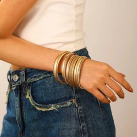 Wendalern Gold Bangle Bracelet Set for Women Multi Stacking Wide Bangles Indian Bollywood Rhinestone Thin Bangle Tennis Bracelets Ethnic Glossy Textured Twist Bracelets Wedding Outfit Jewelry