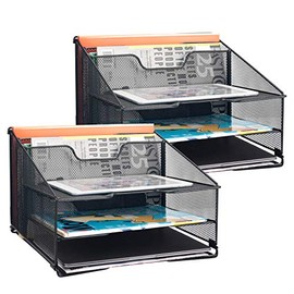 Samstar 2 Pack Mesh Desk File Organizer Letter Tray Holder, Desktop File Folder Holder with 3 Paper Trays and 2 Vertical Upright Section, Black. â¦