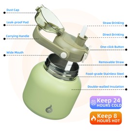 BJPKPK Insulated Water Bottles with Straw, 20 oz Cute Water Bottles with Handle, BPA Free Stainless Steel Metal Jug, Easy Carry Flasks for Men & Women, Light Green