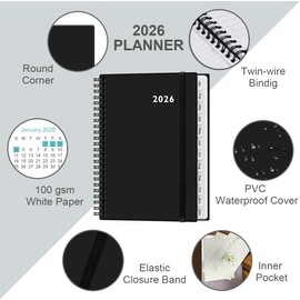 2026 Planner - Weekly and Monthly Calendar Planner from Jan 2026 - Dec 2026, Planner 2026 Spiral Bound with 12 Monthly Tabs, Inner Pocket, Perfect for School Office Supplies, 6.4" x 8.5", Black-C