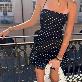 TYATVS Polka Dot Tube Dress for Women Spaghetti Strap Mini Dress Vintage Downtown Girl Party Going Out (Black,Large)