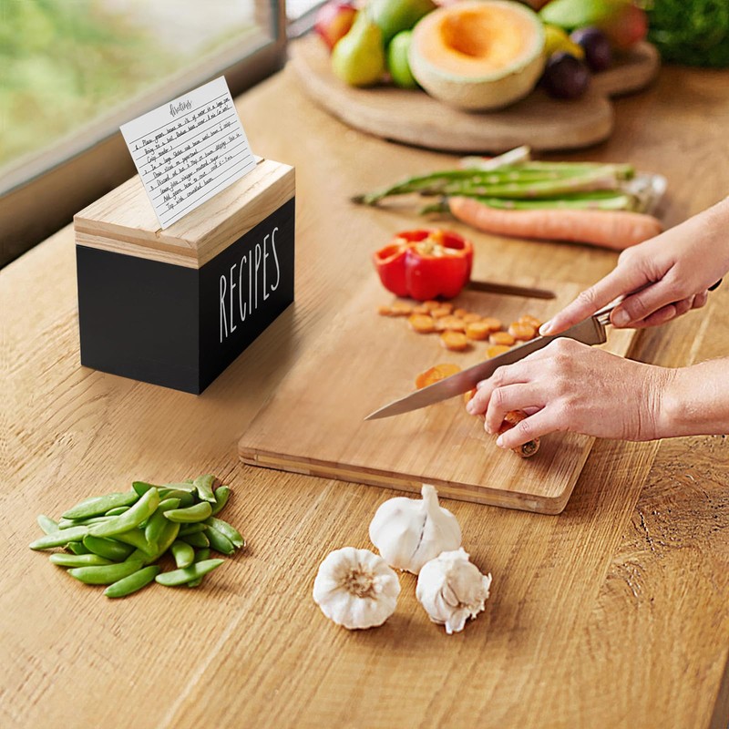 Dahey Wooden Recipe Box Black Recipe Organizer with 100 Recipe