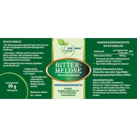 VITA IDEAL Vegan® BITTER - Melone 180 KAPSELN - Momordica charantia - Tagesportion 900mg, BITTER-MELONE reines Pulver. Natürlich, pflanzlich & ohne Zusatzstoffe.